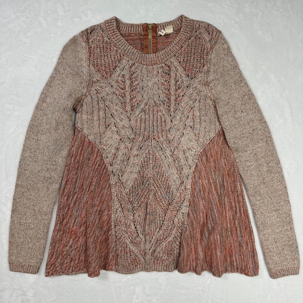 Anthropologie MOTH Anita Cable Knit Sweater Peplum Flare Earth Tone Large Boho - Picture 2 of 12